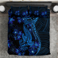 Blue shark tattoo bedding set with dark blue floral patterns and tribal swirls