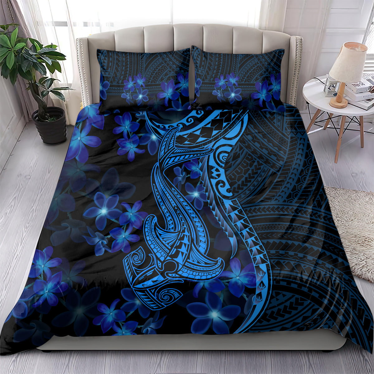 Blue shark tattoo bedding set with tribal shark graphic and plumeria flowers