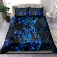 Blue shark tattoo bedding set with tribal shark graphic and plumeria flowers