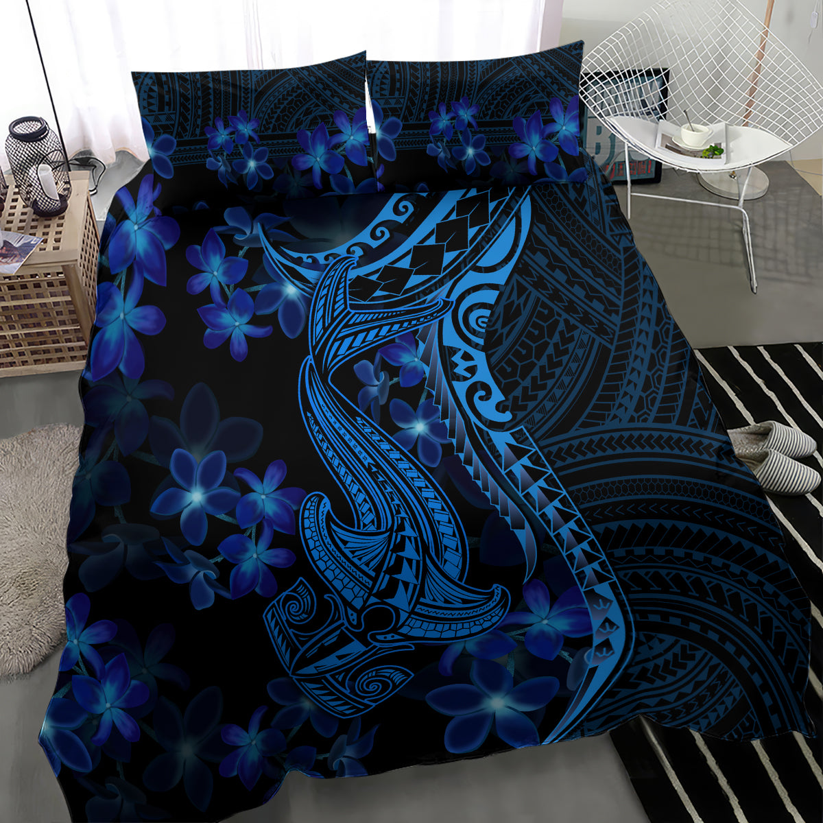 Blue shark tattoo bedding set featuring ornate tribal shark and dark blue flower motifs