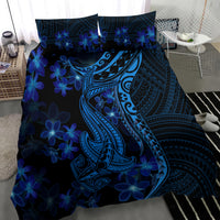 Blue shark tattoo bedding set featuring ornate tribal shark and dark blue flower motifs