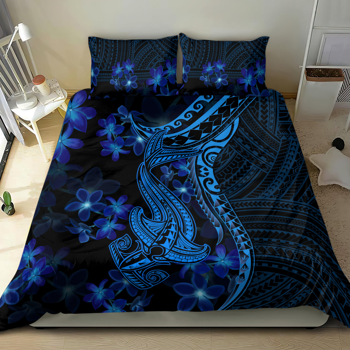 Blue shark tattoo bedding set with tribal shark artwork and deep blue floral panel