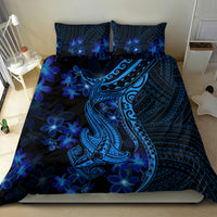 Blue shark tattoo bedding set with tribal shark artwork and deep blue floral panel