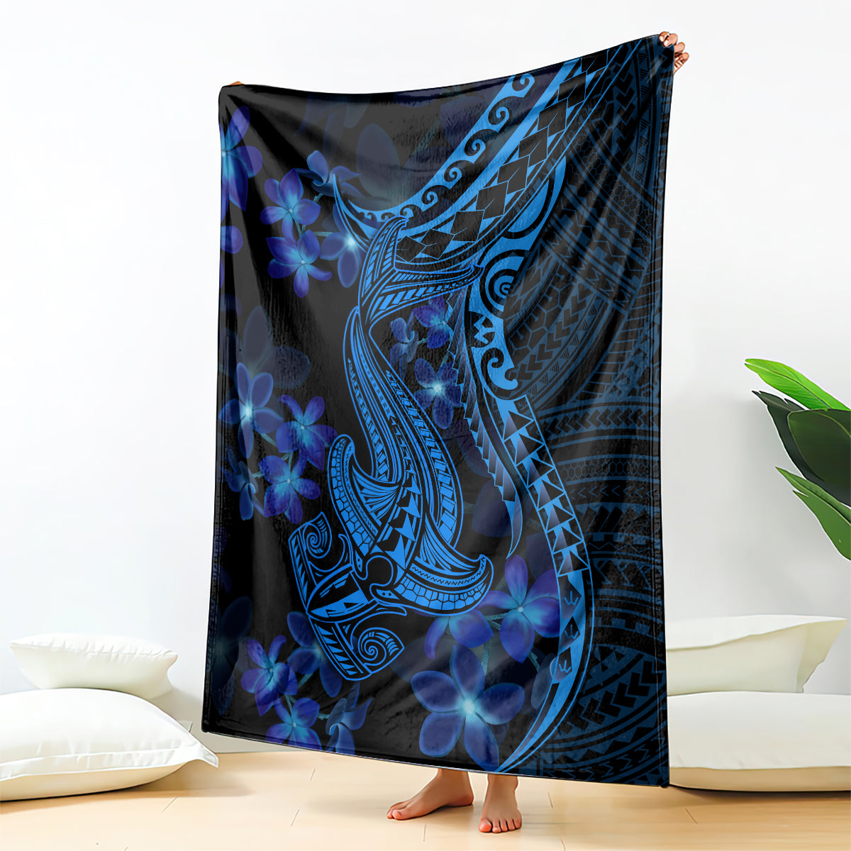 Polynesian shark tattoo blanket in dark blue with ornate tribal shark and plumeria flowers