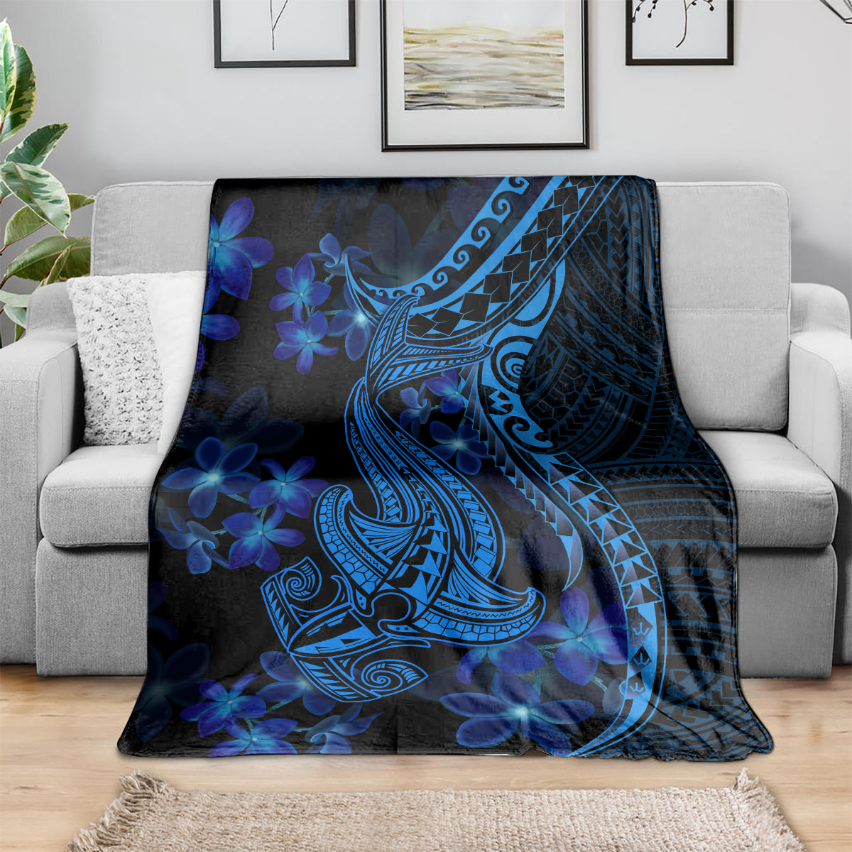 Dark blue Polynesian shark tattoo blanket with detailed tribal shark and blue flower pattern
