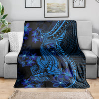 Dark blue Polynesian shark tattoo blanket with detailed tribal shark and blue flower pattern