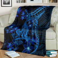 Dark blue Polynesian shark tattoo blanket with tribal shark design and blue plumeria flowers