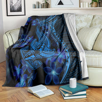 Dark blue Polynesian shark tattoo blanket with swirling tribal shark graphic and plumeria accents