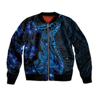 Unisex bomber jacket in blue and black, full-zip, with shark-and-flower Polynesian print