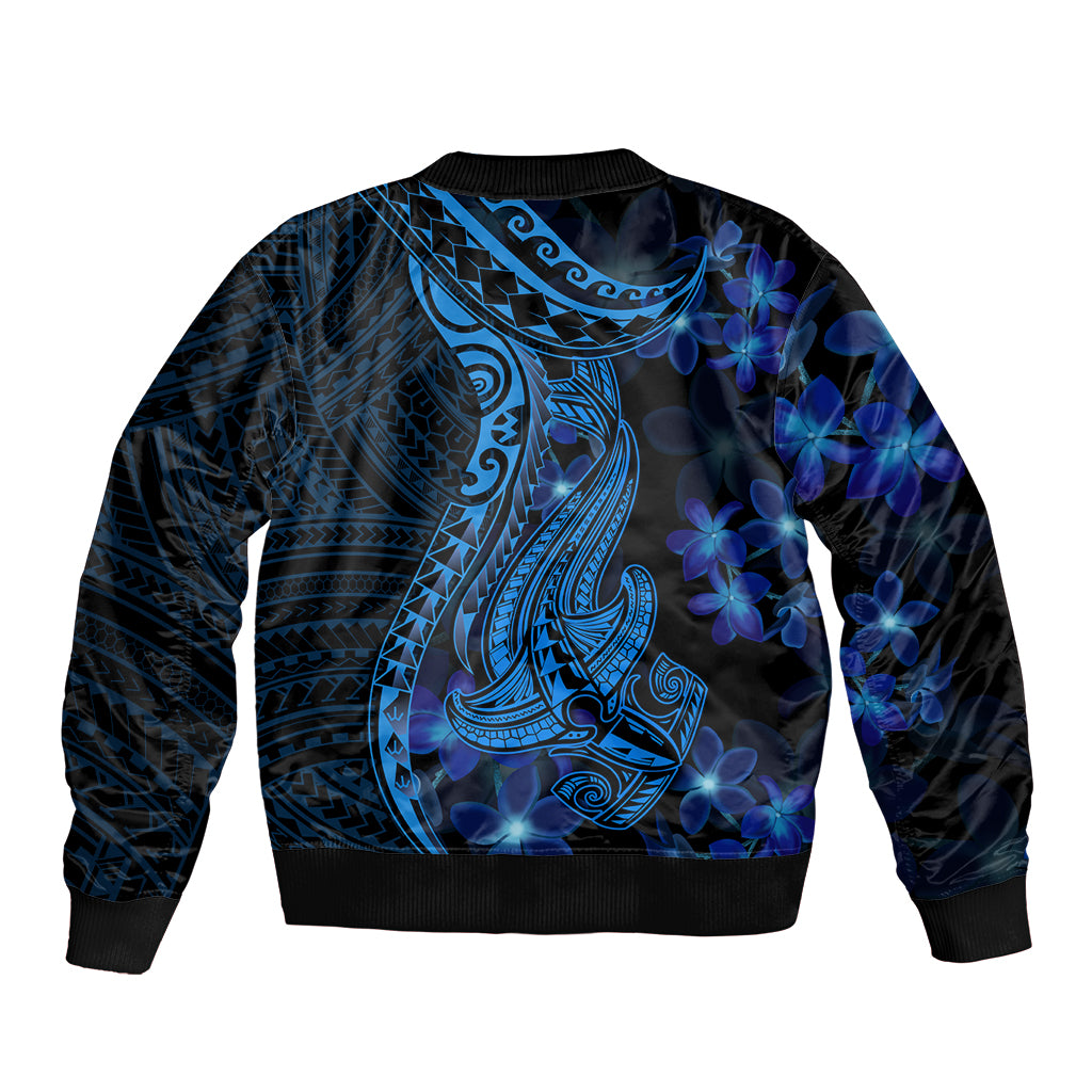 Unisex bomber jacket with blue Polynesian tattoo shark design and plumeria-like flower print