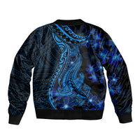 Unisex bomber jacket with blue Polynesian tattoo shark design and plumeria-like flower print