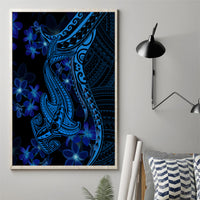 Blue shark tattoo canvas wall art with Polynesian patterns and plumeria flowers, angled