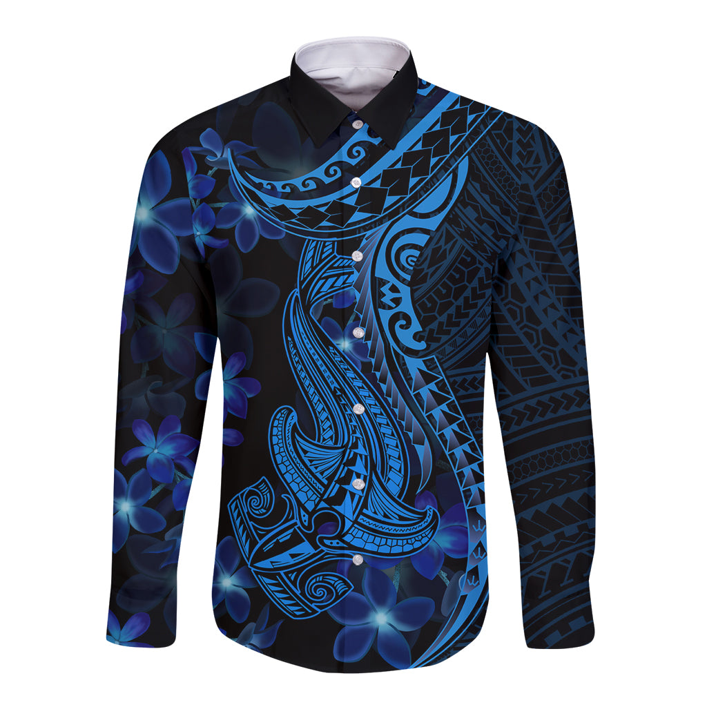 Blue long-sleeve button shirt with Polynesian shark and floral tattoo print.