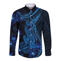 Blue long-sleeve button shirt with Polynesian shark and floral tattoo print.