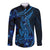 Blue Polynesia Shark Tattoo Long Sleeve Button Shirt With Polynesian Plumeria - Wonder Print Shop