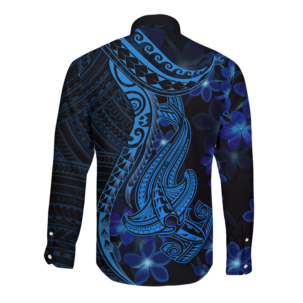 Blue long-sleeve button shirt, back view, Polynesian shark and floral tattoo print.