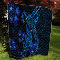Blue Polynesian shark tattoo blanket quilt with blue plumeria flowers on dark background