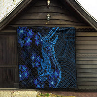 Blue shark tattoo quilt displayed in doorway, featuring blue plumeria flowers and filigree