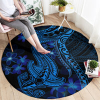 Round blue circular rug featuring a shark tattoo graphic with blue plumeria flowers