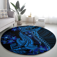Round blue shark tattoo area rug with Polynesian tribal patterns and flower accents