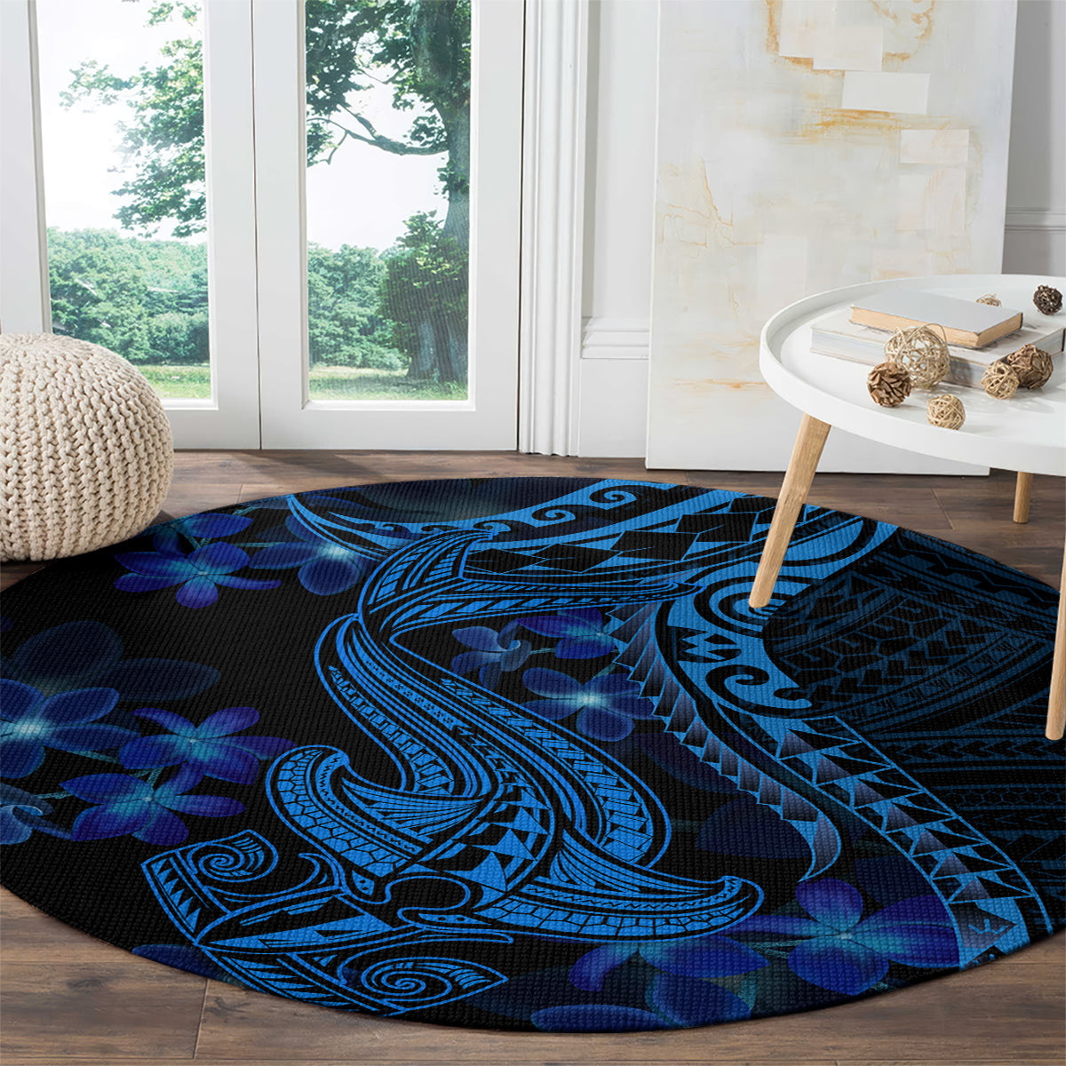 Round blue shark tattoo rug with ornate tribal waves and scattered plumeria flowers