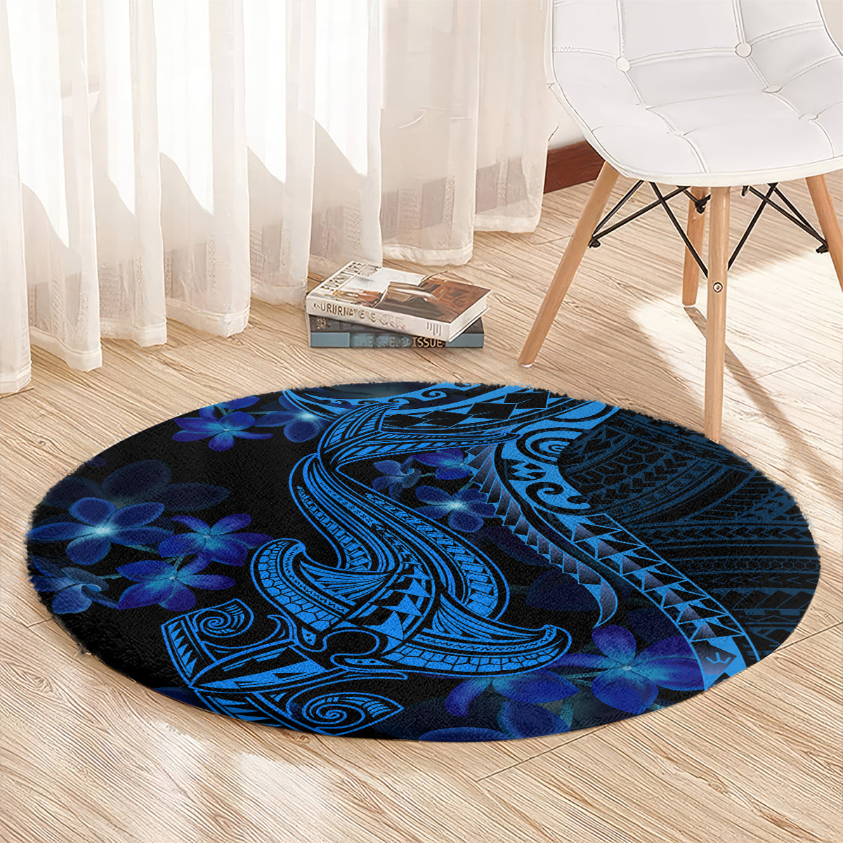 Round blue circular area rug showing a shark tattoo design with blue flower motif
