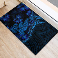 Blue rubber doormat with detailed Polynesian shark tattoo and floral plumeria pattern