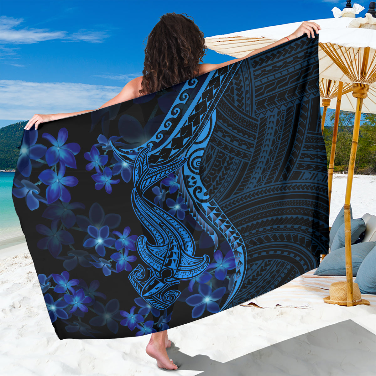 Blue Polynesia Shark Tattoo Sarong With Polynesian Plumeria - Wonder Print Shop