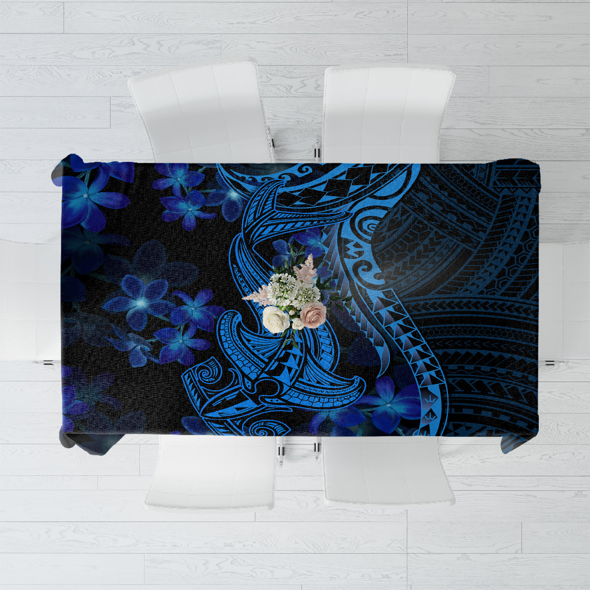 Blue Polynesian shark and floral tablecloth with bold dark-blue tattoo patterns
