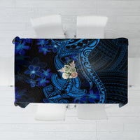 Blue Polynesian shark and floral tablecloth with bold dark-blue tattoo patterns