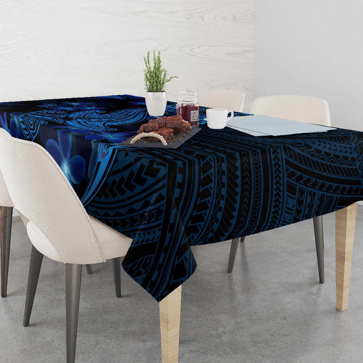 Blue Polynesian shark tattoo tablecloth with dark-blue floral and tribal patterns