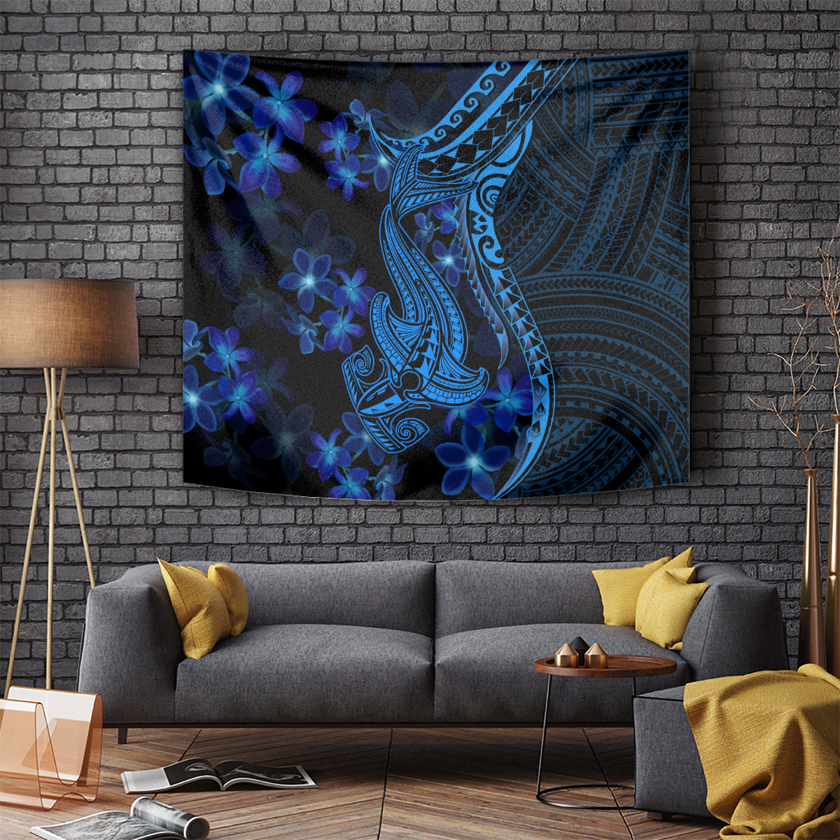 Blue Polynesian shark tattoo wall tapestry with blue plumeria and tribal patterns