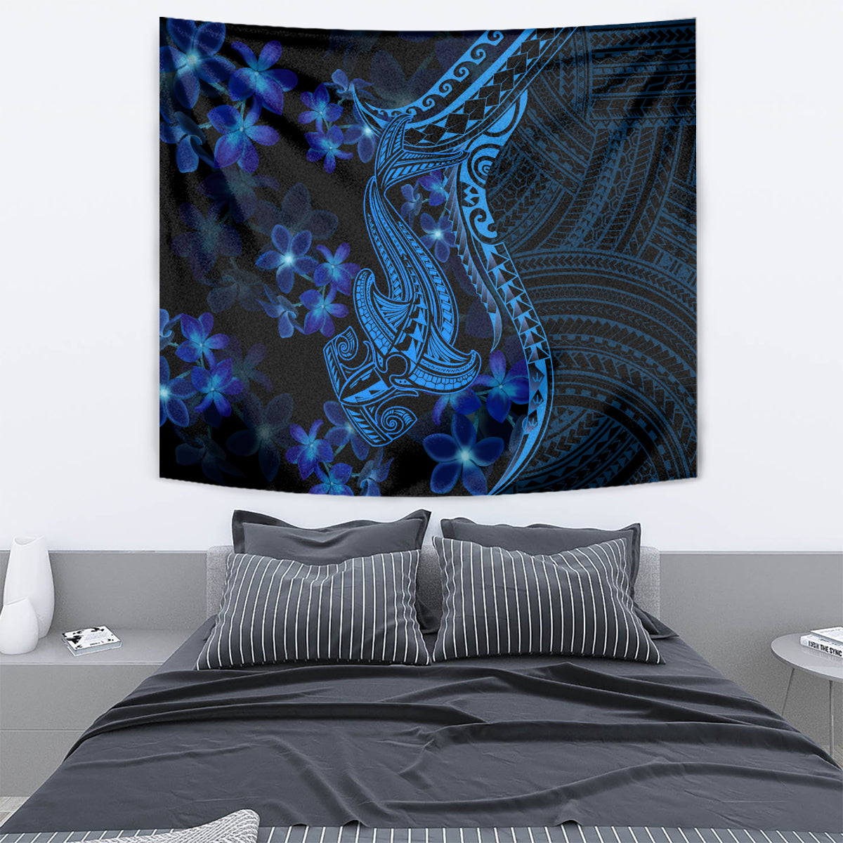Blue shark tattoo wall tapestry with Polynesian motifs and blue flower plumeria design