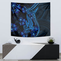 Blue Polynesian shark tattoo tapestry with detailed blue tribal wave and flower pattern