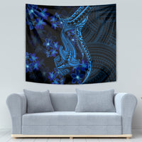 Blue Polynesian shark tattoo wall tapestry with blue plumeria blossoms and tribal border