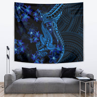 Blue shark tattoo wall tapestry featuring Polynesian tribal curves and blue plumeria flowers