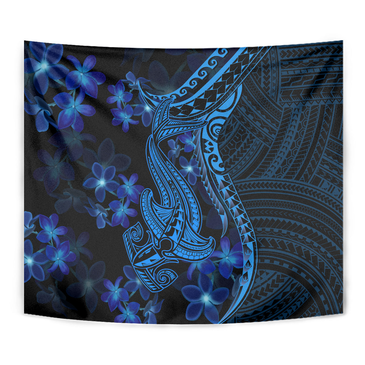 Blue Polynesian shark tattoo tapestry with swirling tribal lines and blue plumeria flowers