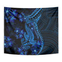 Blue Polynesian shark tattoo tapestry with swirling tribal lines and blue plumeria flowers