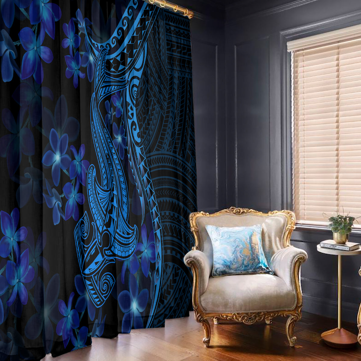 Blue Polynesian-style window curtain with dark blue plumeria flowers and shark tattoo art
