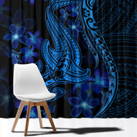 Blue window curtain close-up with Polynesian shark tattoo and floating flower silhouettes