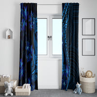 Pair of blue window curtains with dark floral sprigs and Polynesian shark tattoo artwork