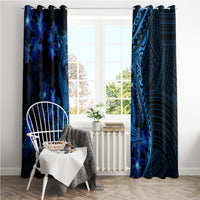 Blue patterned curtains on top hooks, featuring shark tattoo waves and flower clusters
