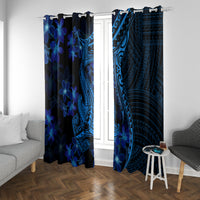 Blue window curtain panels with Polynesian shark tattoo artwork and bright blue flower motifs
