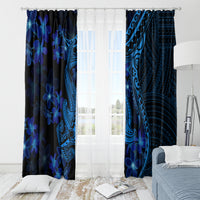 Blue window curtains with dark blue tribal shark tattoo stripes and plumeria flower patterns