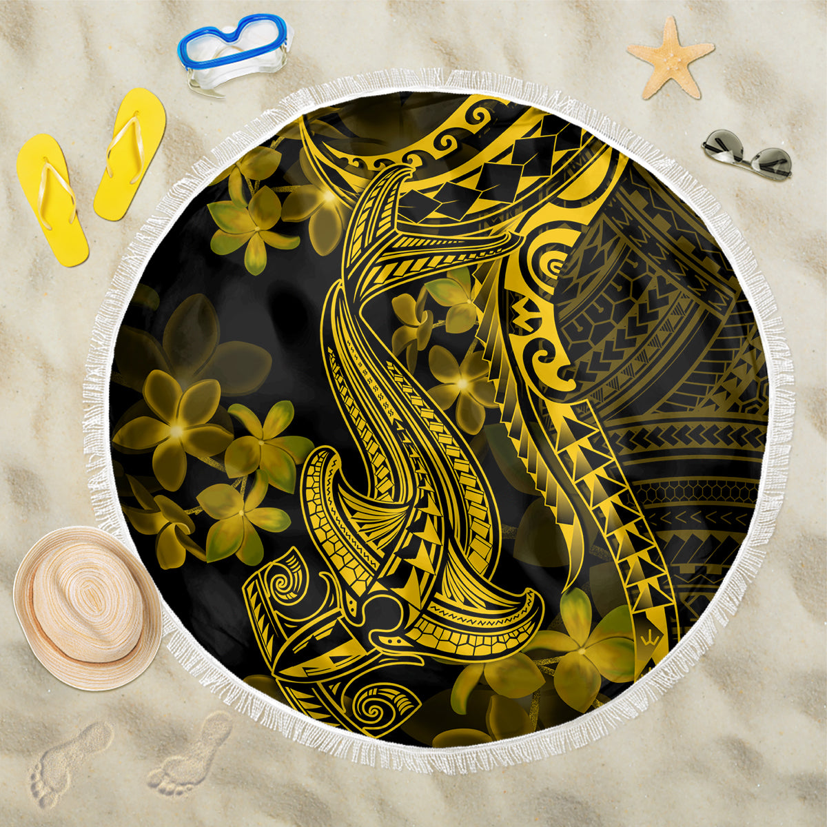 Gold and black round beach blanket with Polynesian shark tattoo design and white fringe