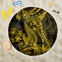 Gold and black round beach blanket with Polynesian shark tattoo design and white fringe