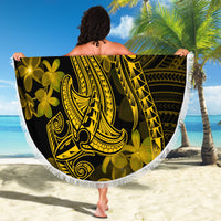 Round beach blanket with gold Polynesian shark tattoo graphic, floral accents, white fringe
