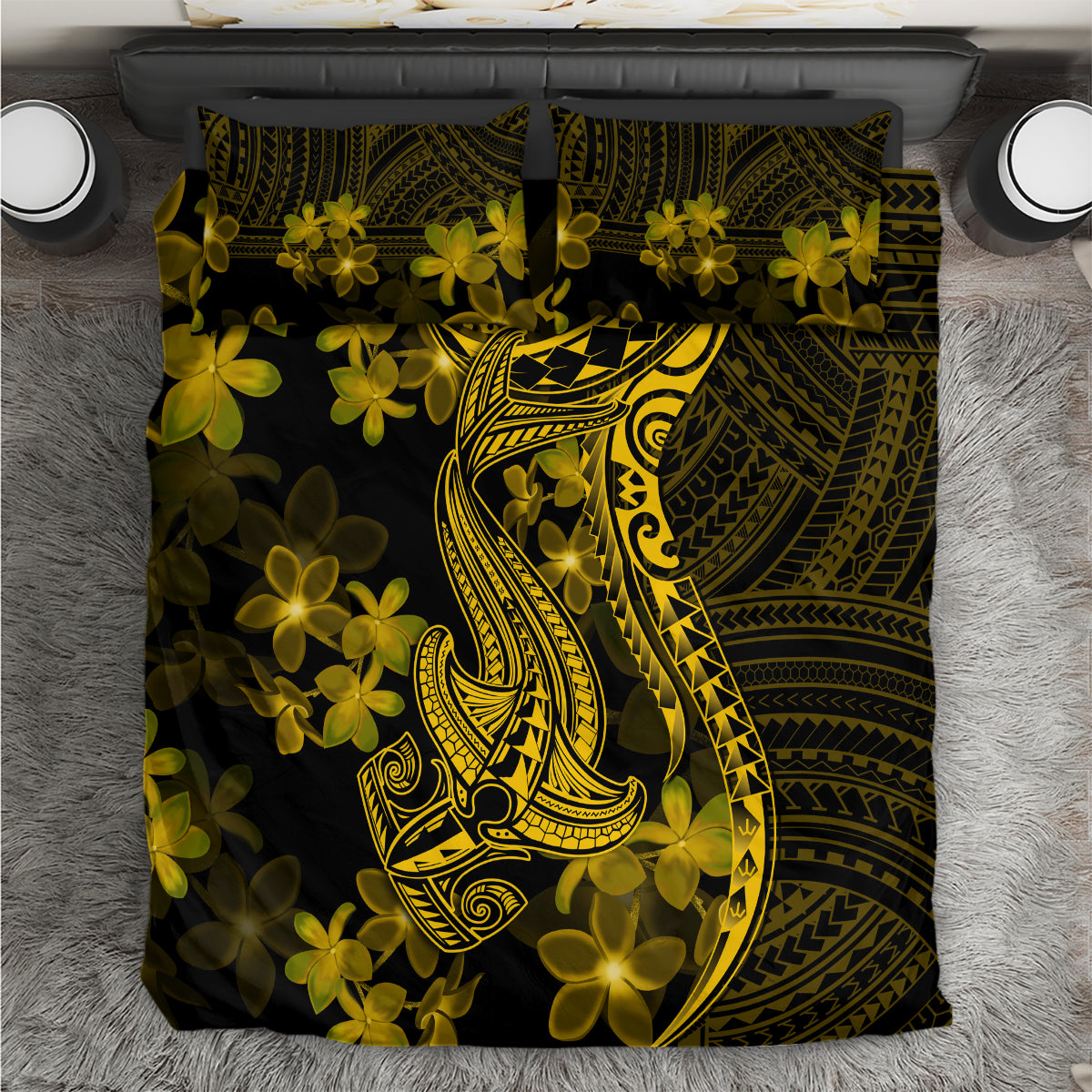 Gold Polynesian shark and flower duvet with matching pillowcases on dark background