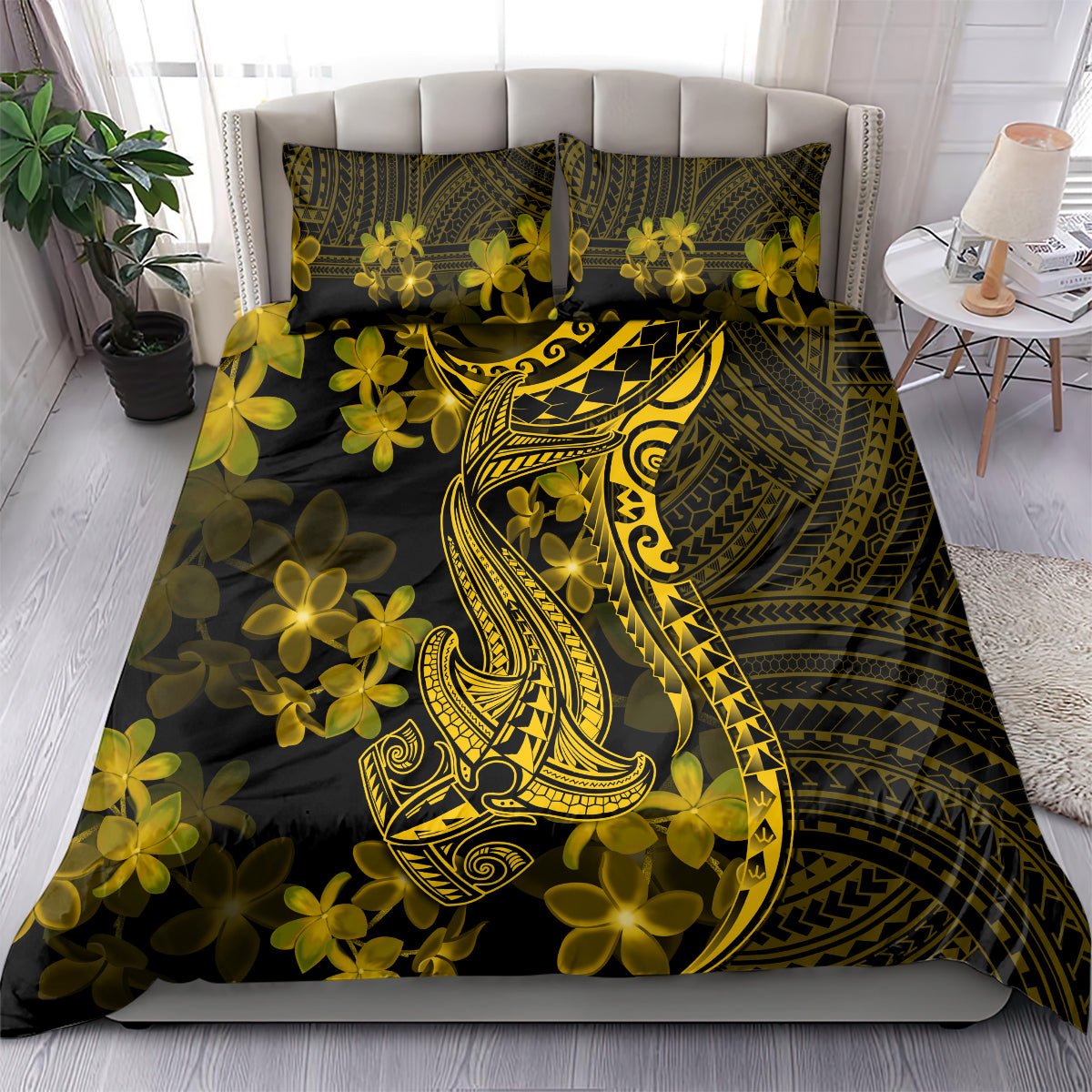Gold Polynesian shark and flower comforter set with two patterned pillows, dark base
