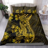Gold Polynesian shark and flower comforter set with two patterned pillows, dark base